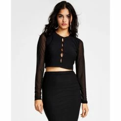 Coupon 🎁 Bar III 👩 Women's Button-Front Cutout Mesh-Sleeve Crop Top, Created For Macy's Deep Black 🛒
