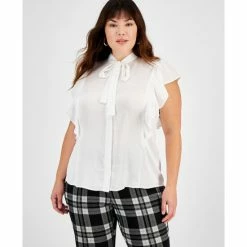 New 👏 Bar III Plus Size Tie-Neck Ruffle-Sleeve Blouse, Created For Macy's Blanc 🎉