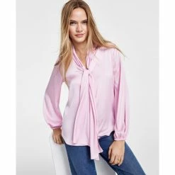 Cheapest 🥰 Bar III 👩 Women's Tie Neck Cinched Sleeve Blouse, Created For Macy's Moonstone 🛒