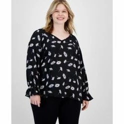 Best reviews of 😉 Bar III Plus Size Floral Print Cinched Sleeve Top, Created For Macy's Black Multi ✔️