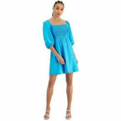 Coupon ⌛ Bar III 👩 Women's Puff-Sleeve Smocked 👗 Dress, Created For Macy's Blue Atoll 💯