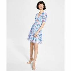 Top 10 🎁 Bar III 👩 Women's Front-Cutout Tiered 👗 Dress, Created For Macy's Air Blue Floral ❤️