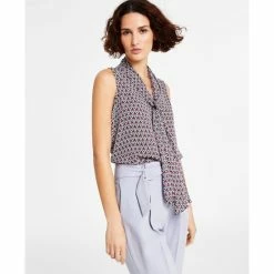 Budget ✔️ Bar III 👩 Women's Geo Print Sleeveless Bow-Tie Blouse Moonstone Multi 🥰