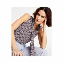 Budget ✔️ Bar III 👩 Women's Geo Print Sleeveless Bow-Tie Blouse Moonstone Multi 🥰 -Cheap Bar III Store unnamed file 1765