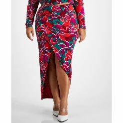 New 🥰 Bar III Plus Size Printed Slit-Front Pull-On Midi 👗 Skirt, Created For Macy's Shadow Shine 🧨