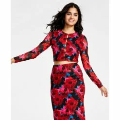 Discount 🔥 Bar III 👩 Women's Floral-Print Cutout Mesh-Sleeve Crop Top, Created For Macy's Romantic Petals 🛒