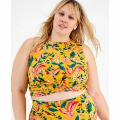 New ๐ Bar III Plus Size Printed Crossover Cropped Tank, Created For Macy's Kauai Garden ๐