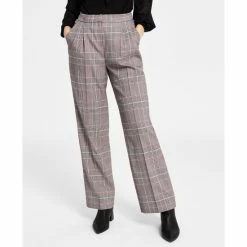 Best Sale ✔️ Bar III 👩 Women's Plaid Pleated High-Waist Wide-Leg Pants, Created For Macy's Jazz Berry Combo 🎁