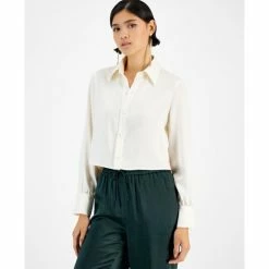 Flash Sale ✨ Bar III 👩 Women's Cropped Button-Front Long-Sleeve Blouse, Created For Macy's Black ❤️