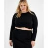 Hot Sale 🧨 Bar III Plus Size Long-Sleeve Crossover Cropped Top, Created For Macy's Deep Black ✔️