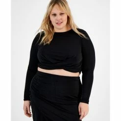 Hot Sale 🧨 Bar III Plus Size Long-Sleeve Crossover Cropped Top, Created For Macy's Deep Black ✔️