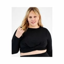 Hot Sale 🧨 Bar III Plus Size Long-Sleeve Crossover Cropped Top, Created For Macy's Deep Black ✔️ -Cheap Bar III Store unnamed file 1856