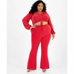 New ✨ Bar III Plus Size Embellished Flared Pull-On Pants, Created For Macy's Deep Black 🔔