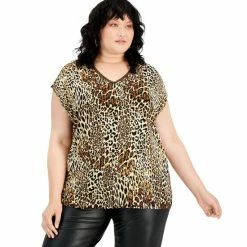 Promo ๐ Bar III Plus Size Animal-Print Mesh-Trim Top, Created For Macy's Charm Cheetah ๐