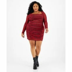 Flash Sale ⌛ Bar III Plus Size Checkered Square-Neck Mesh-Overlay Ruched Mini 👗 Dress, Created For Macy's Penny Gingham 😍