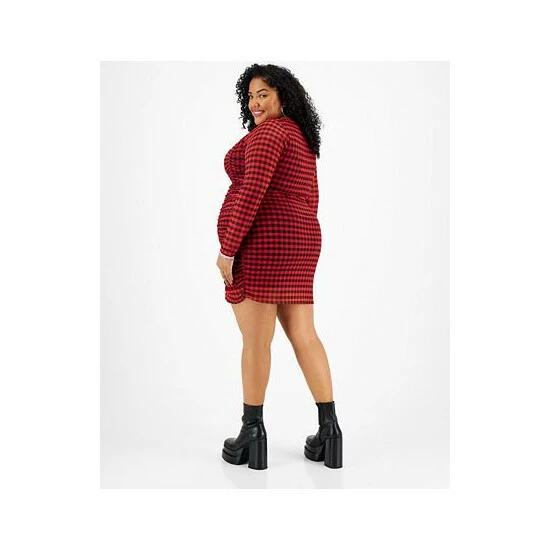 Flash Sale ⌛ Bar III Plus Size Checkered Square-Neck Mesh-Overlay Ruched Mini 👗 Dress, Created For Macy's Penny Gingham 😍 2 Flash Sale ⌛ Bar III Plus Size Checkered Square-Neck Mesh-Overlay Ruched Mini 👗 Dress, Created For Macy's Penny Gingham 😍 - Image 2