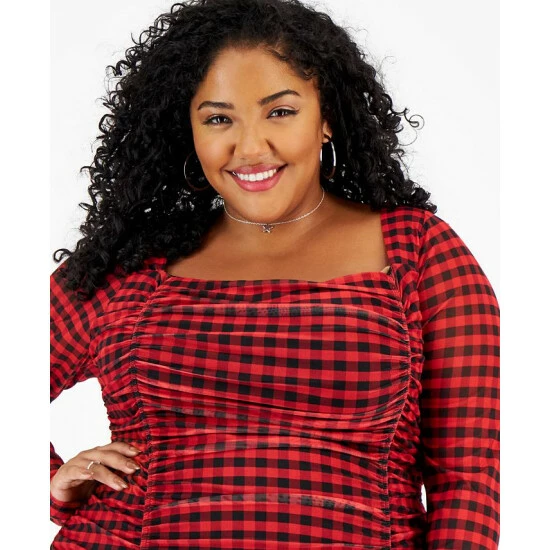 Flash Sale ⌛ Bar III Plus Size Checkered Square-Neck Mesh-Overlay Ruched Mini 👗 Dress, Created For Macy's Penny Gingham 😍 4 Flash Sale ⌛ Bar III Plus Size Checkered Square-Neck Mesh-Overlay Ruched Mini 👗 Dress, Created For Macy's Penny Gingham 😍 - Image 4