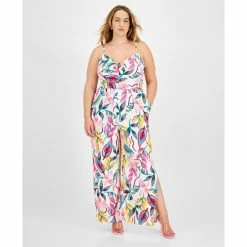 Cheap 💯 Bar III Plus Size Printed O-Ring-Neck Slit-Hem Jumpsuit, Created For Macy's Barbados Orchid ⭐
