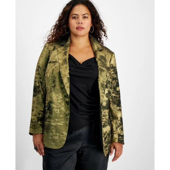 Budget ๐ Bar III Plus Size Metallic Notched Collar One-Button Jacket, Created For Macy's Pine Mist/gold ๐ 1 Budget ๐ Bar III Plus Size Metallic Notched Collar One-Button Jacket, Created For Macy's Pine Mist/gold ๐