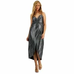 Coupon 🥰 Bar III 👩 Women's Shimmering Metallic Faux-Wrap Style 👗 Dress, Created For Macy's Silver/black 😍