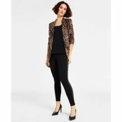 Best deal β¨ Bar III Petite Cheetah-Print Shawl-Collar Blazer, Zip-Back Top & Side-Studded Leggings, Created For Macy's Deep Black π