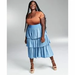 Cheapest 😀 Bar III GooGoo Atkins Trendy Plus Size Tiered Chambray Ruffle Maxi 👗 Skirt, Created For Macy's Light Denim Wsh 🤩