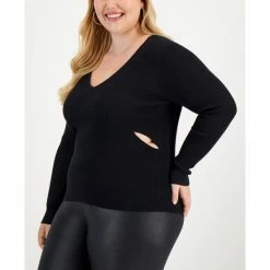 Best deal π₯° Bar III Trendy Plus Size V-Neck Cutout Sweater, Created For Macy's Deep Black π