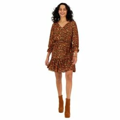 Cheapest ❤️ Bar III 👩 Women's Long-Sleeve V-Neck Ruffle-Hem 👗 Dress, Created For Macy's Black Combo 🌟