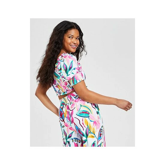 Flash Sale 💯 Bar III 👩 Women's Smocked Puff-Sleeve Crop Top, Created For Macy's Barbados Orchid 🤩 2 Flash Sale 💯 Bar III 👩 Women's Smocked Puff-Sleeve Crop Top, Created For Macy's Barbados Orchid 🤩 - Image 2