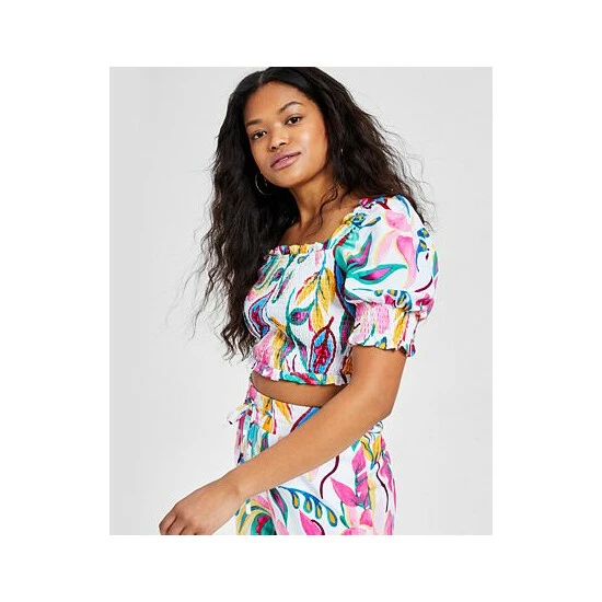 Flash Sale 💯 Bar III 👩 Women's Smocked Puff-Sleeve Crop Top, Created For Macy's Barbados Orchid 🤩 3 Flash Sale 💯 Bar III 👩 Women's Smocked Puff-Sleeve Crop Top, Created For Macy's Barbados Orchid 🤩 - Image 3