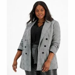 Hot Sale 🛒 Bar III Plus Size Plaid Faux Double-Breasted Blazer, Created For Macy's Black/white ⭐