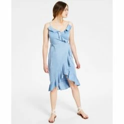 Top 10 😀 Bar III 👩 Women's Ruffled-Edge Wrap 👗 Dress, Created For Macy's Blue Whisper ❤️