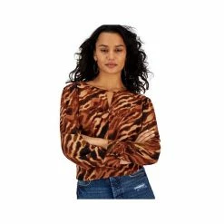 Best deal 👏 Bar III 👩 Women's Animal-Print Keyhole Blouse, Created For Macy's Gaucho Brown Combo ⭐ -Cheap Bar III Store unnamed file 2097