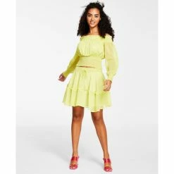 Best Sale 👏 Bar III 👩 Women's Smocked Tiered Tie-Waist Ruffled 👗 Skirt, Created For Macy's Lemon Lime 🔔