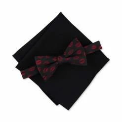 Best Pirce 💯 Bar III Men's Lips Bow Tie & Pocket Square Set, Created For Macy's Black 👏