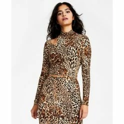 Flash Sale 🤩 Bar III 👩 Women's Animal-Print Mock-Neck Long-Sleeve Crop Top, Created For Macy's Chrm Cheetah ❤️