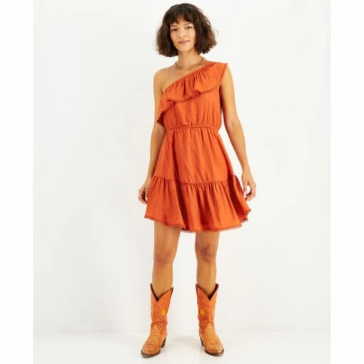 Outlet 🔥 Bar III 👩 Women's One-Shoulder Ruffled-Hem 👗 Dress, Created For Macy's Brick Orange ❤️ -Cheap Bar III Store unnamed file 2154
