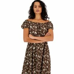 Promo 😉 Bar III 👩 Women's Off-The-Shoulder-Puff Sleeve Maxi 👗 Dress, Created For Macy's Ash Brown Combo ❤️ -Cheap Bar III Store unnamed file 2212