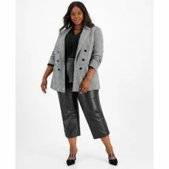 Buy ⌛ Bar III Plus Size Plaid Double-Breasted Blazer, Ruffle Tie-Neck Blouse, & Faux Leather Tie Waist Pants, Created For Macy's Blanc 🎁