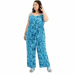 Coupon 💯 Bar III Plus Size Printed V-Neck Jumpsuit, Created For Macy's Deep Aqua Combo 🔥