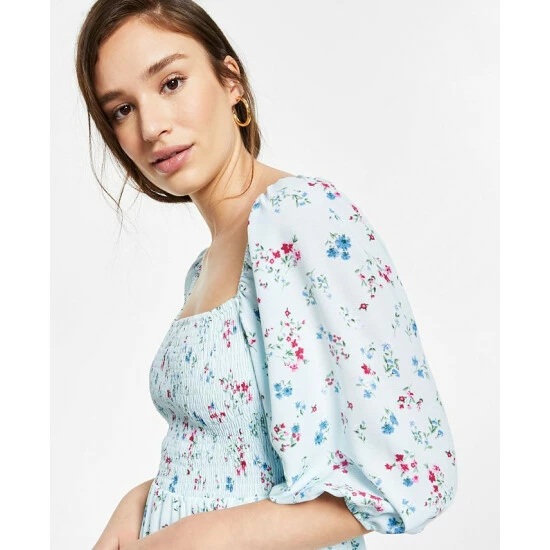 Deals ๐ Bar III Printed Smocked Convertible ๐ Dress, Created For Macy's Aqua Light Floral ๐ 4 Deals ๐ Bar III Printed Smocked Convertible ๐ Dress, Created For Macy's Aqua Light Floral ๐ - Image 4