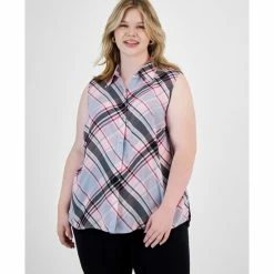Best deal 👍 Bar III Plus Size Button-Front Sleeveless Top, Created For Macy's Pink Mist 🎁