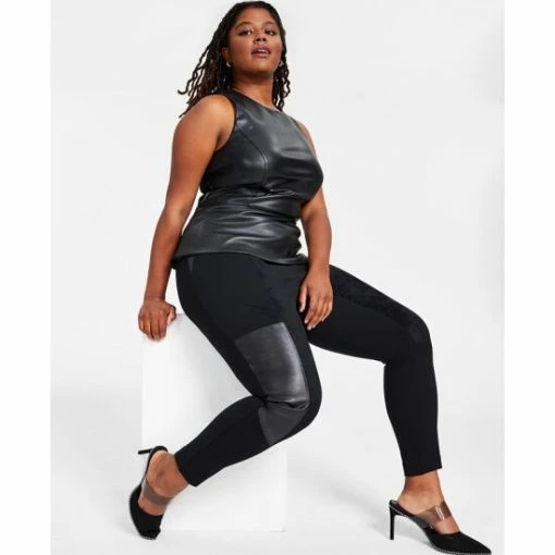 Buy 🧨 Bar III Plus Size Mixed-Media Leggings, Created For Macy's Deep Black ❤️ -Cheap Bar III Store unnamed file 2343