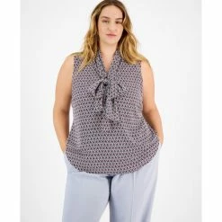 Top 10 😀 Bar III Plus Size Geo Print Sleeveless Bow-Tie Blouse Moonstone Multi 🔔