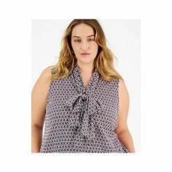 Top 10 😀 Bar III Plus Size Geo Print Sleeveless Bow-Tie Blouse Moonstone Multi 🔔 -Cheap Bar III Store unnamed file 2378