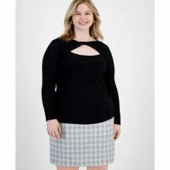 Outlet 🌟 Bar III Plus Size Cut-Out Twist Neck Sweater, Created For Macy's Black 👍
