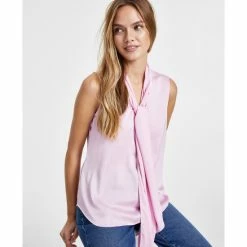 Best Pirce 🎁 Bar III 👩 Women's Tie-Trimmed V-Neck Sleeveless Blouse, Created For Macy's Pink Mist 😉