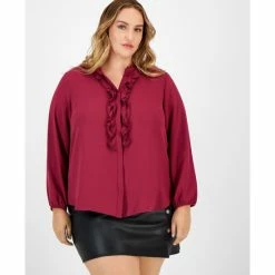Deals ⌛ Bar III Plus Size Ruffled Split-Neck Blouse, Created For Macy's Boysenberry 🤩