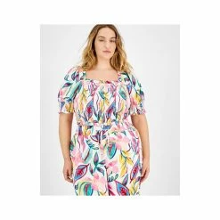 Flash Sale 🥰 Bar III Plus Size Printed Puff-Sleeve Smocked Top, Created For Macy's Barbados Orchid 🛒 -Cheap Bar III Store unnamed file 2403