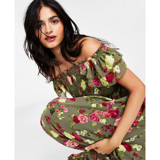 Discount โจ Bar III ๐ฉ Women's Printed Smocked Maxi ๐ Dress, Created For Macy's Reanna Rose A โจ 4 Discount โจ Bar III ๐ฉ Women's Printed Smocked Maxi ๐ Dress, Created For Macy's Reanna Rose A โจ - Image 4